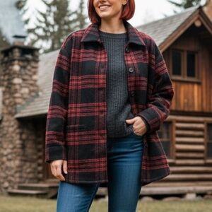 J. Jill Shacket Shirt Rust/Black Plaid Womans Button Up Cozy Jacket Size M NEW
